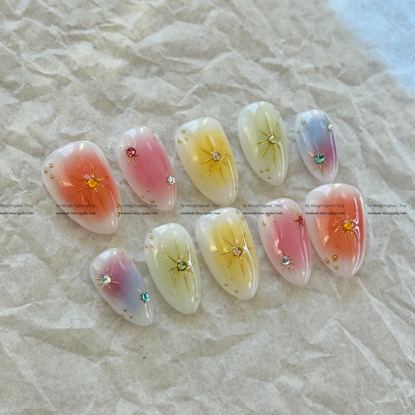 Handmade Press on Nails, Colorful Aura Starburst Design, Sunset Ombre Reusable Fake Nails, Aura Airbrush, MO870