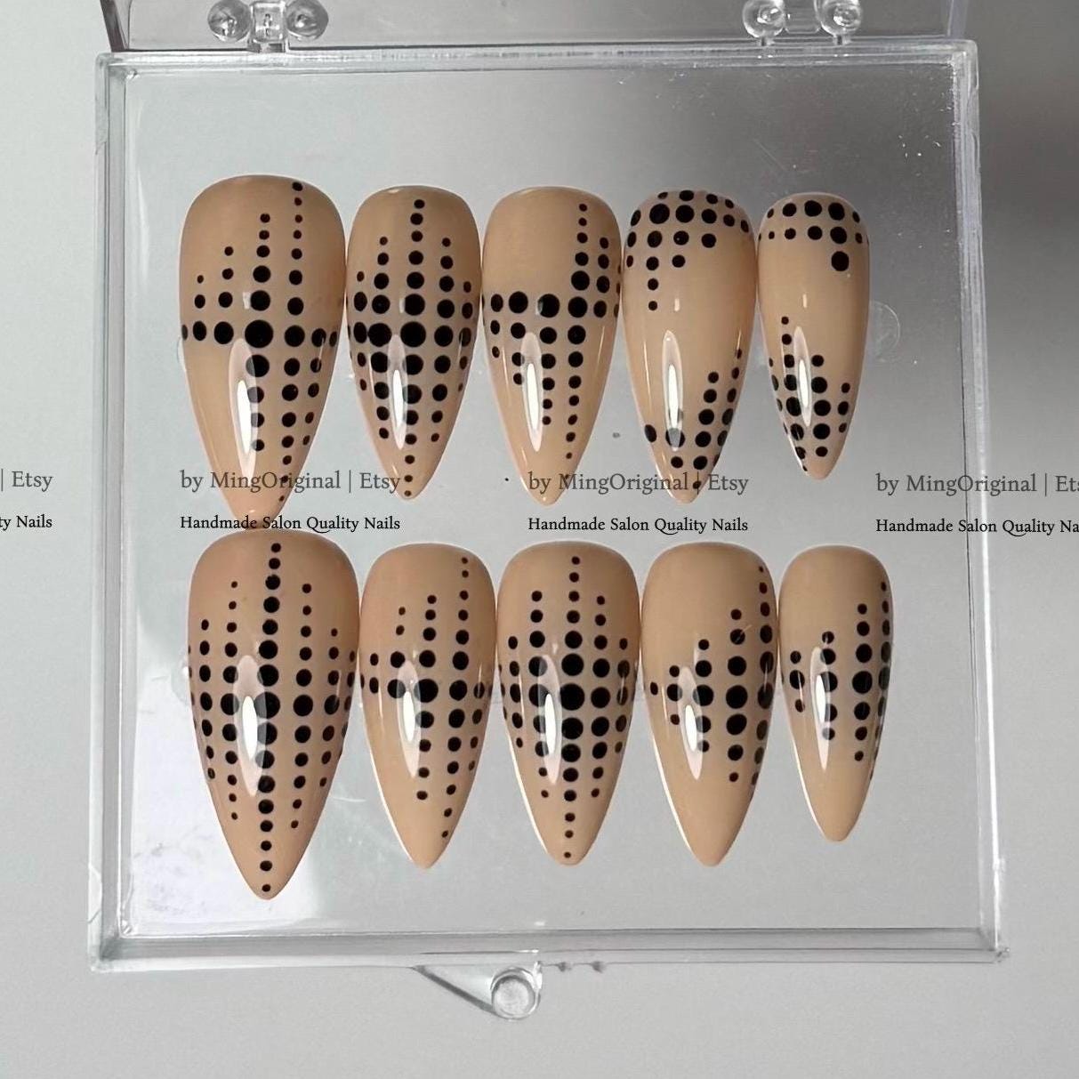 Nude Polka Dot Press On Nails, Abstract Black Dotted Handmade False Nails, Minimalist Manicure,MO872