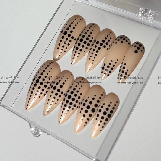 Nude Polka Dot Press On Nails, Abstract Black Dotted Handmade False Nails, Minimalist Manicure,MO872