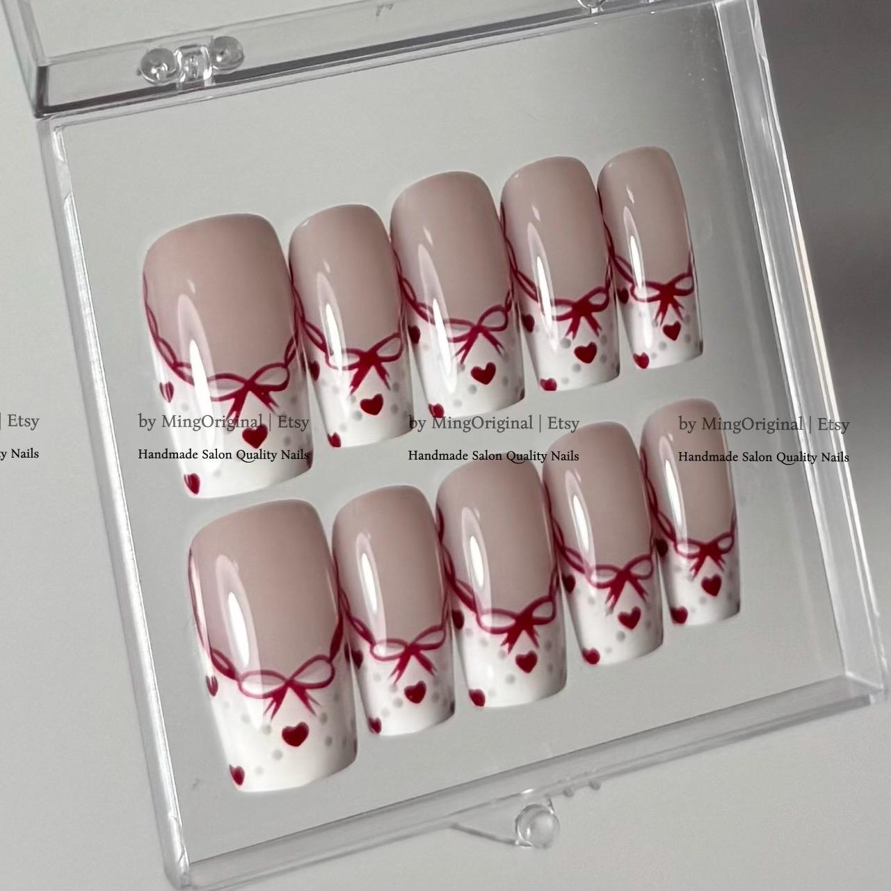 Red Bow Press On Nails, Coquette Heart French Tip False Nails, Romantic Aesthetic Glue On Nails, MO873