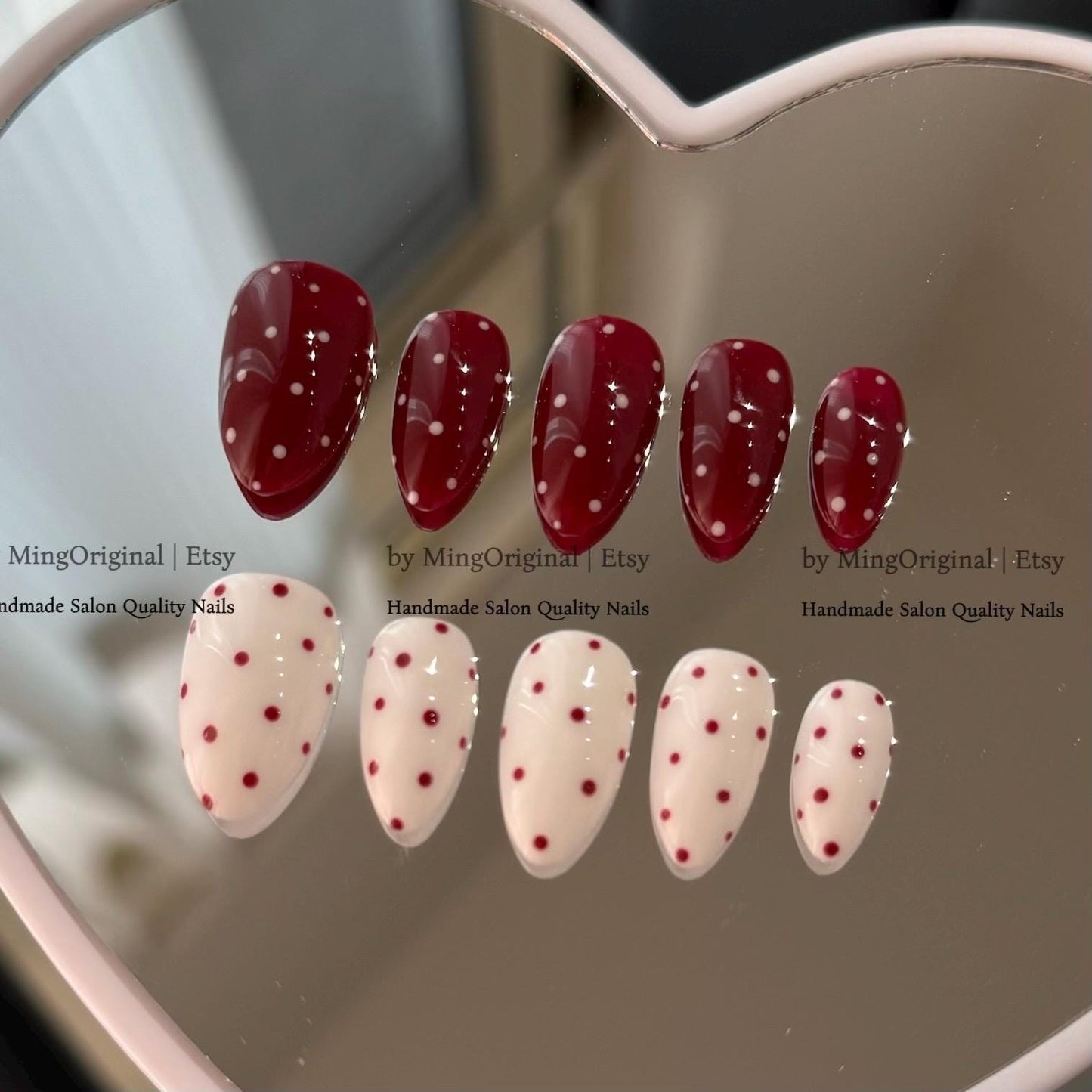 Red Polka Dot Press On Nails, Abstract Dotted Handmade False Nails, Red and White Minimalist Manicure,MO875