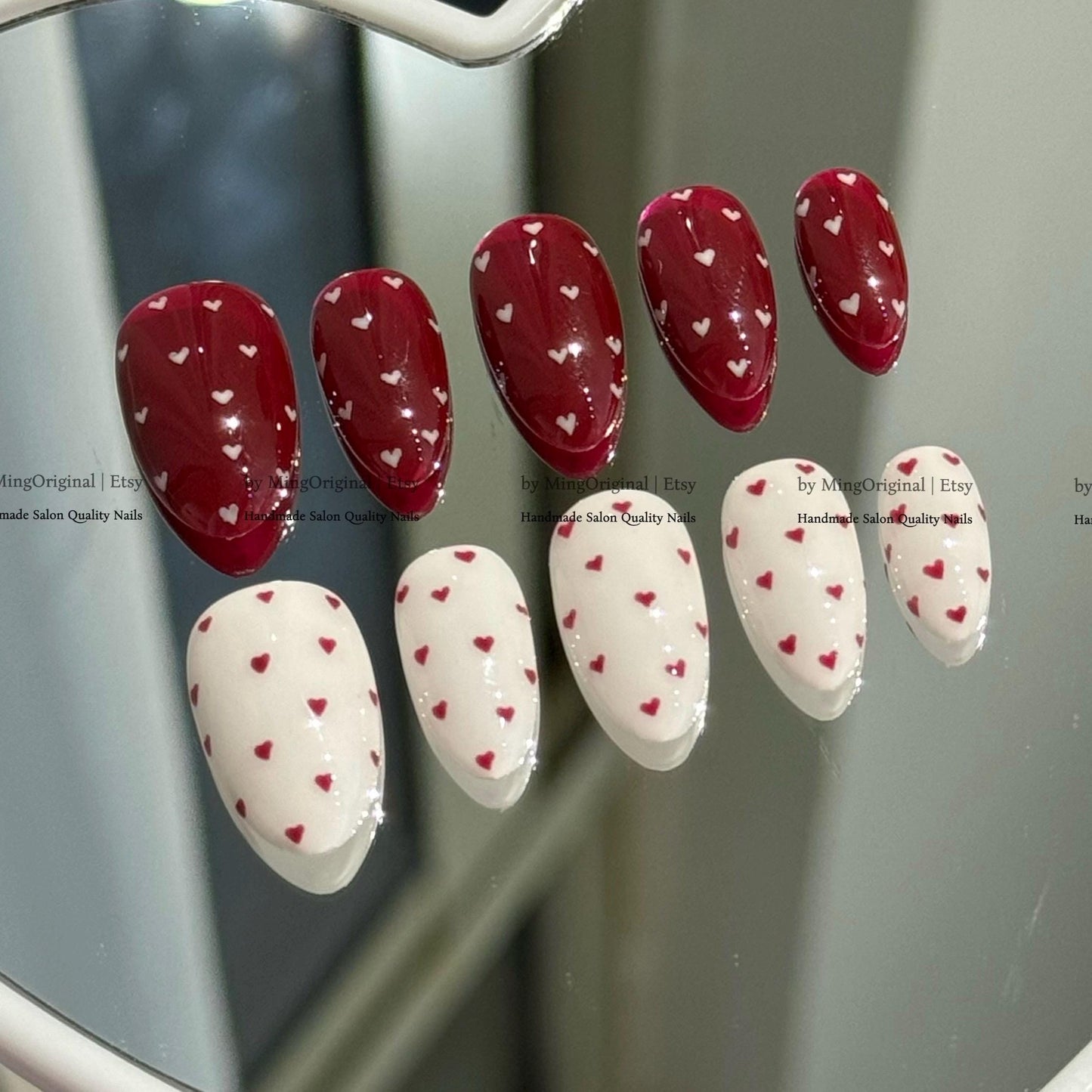 Dark Red Heart Press on Nails, White Valentine Glue on Nails, Handmade Reusable Fake Nails, MO876
