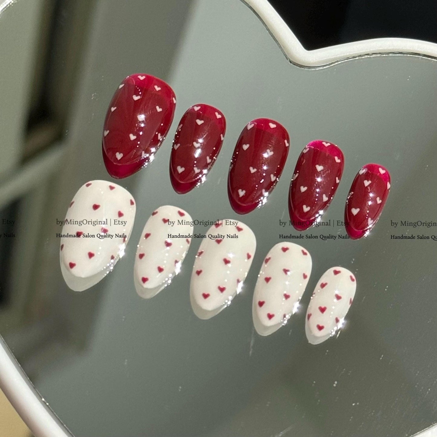 Dark Red Heart Press on Nails, White Valentine Glue on Nails, Handmade Reusable Fake Nails, MO876