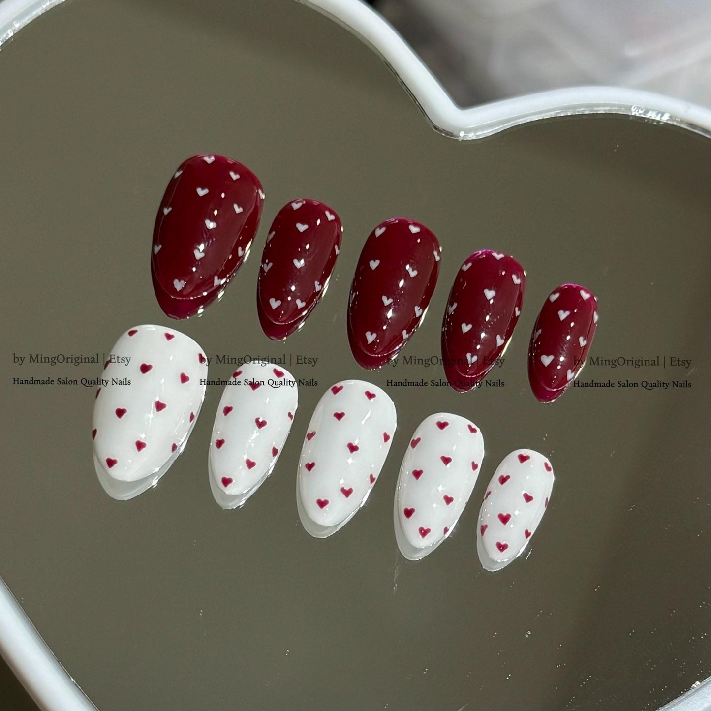 Dark Red Heart Press on Nails, White Valentine Glue on Nails, Handmade Reusable Fake Nails, MO876