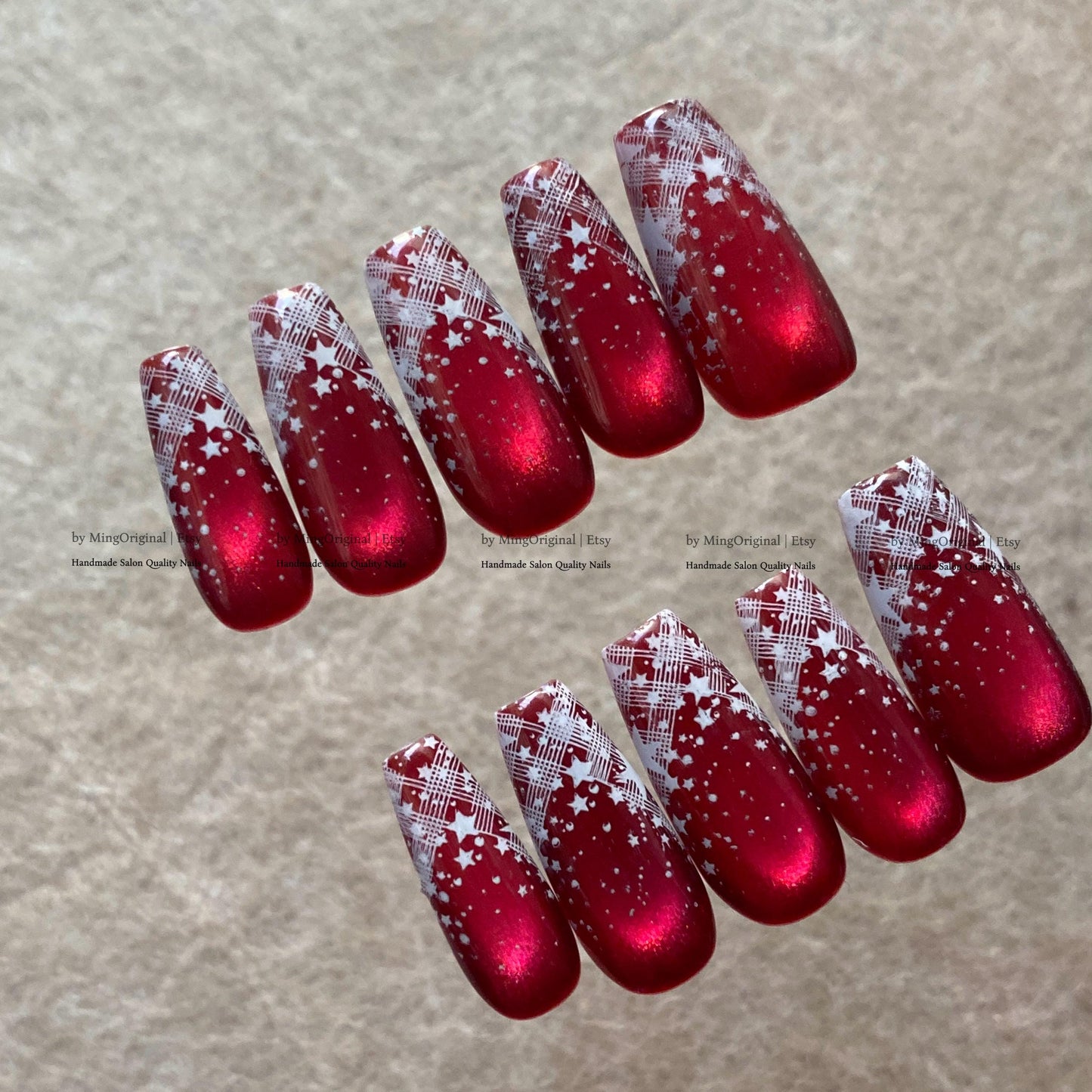 Red Cat Eye Press on Nails, White Plaid Star Fake Nails, Reusable Glue on Nails, MO877