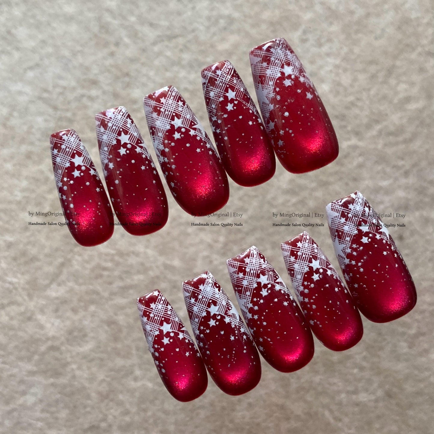 Red Cat Eye Press on Nails, White Plaid Star Fake Nails, Reusable Glue on Nails, MO877