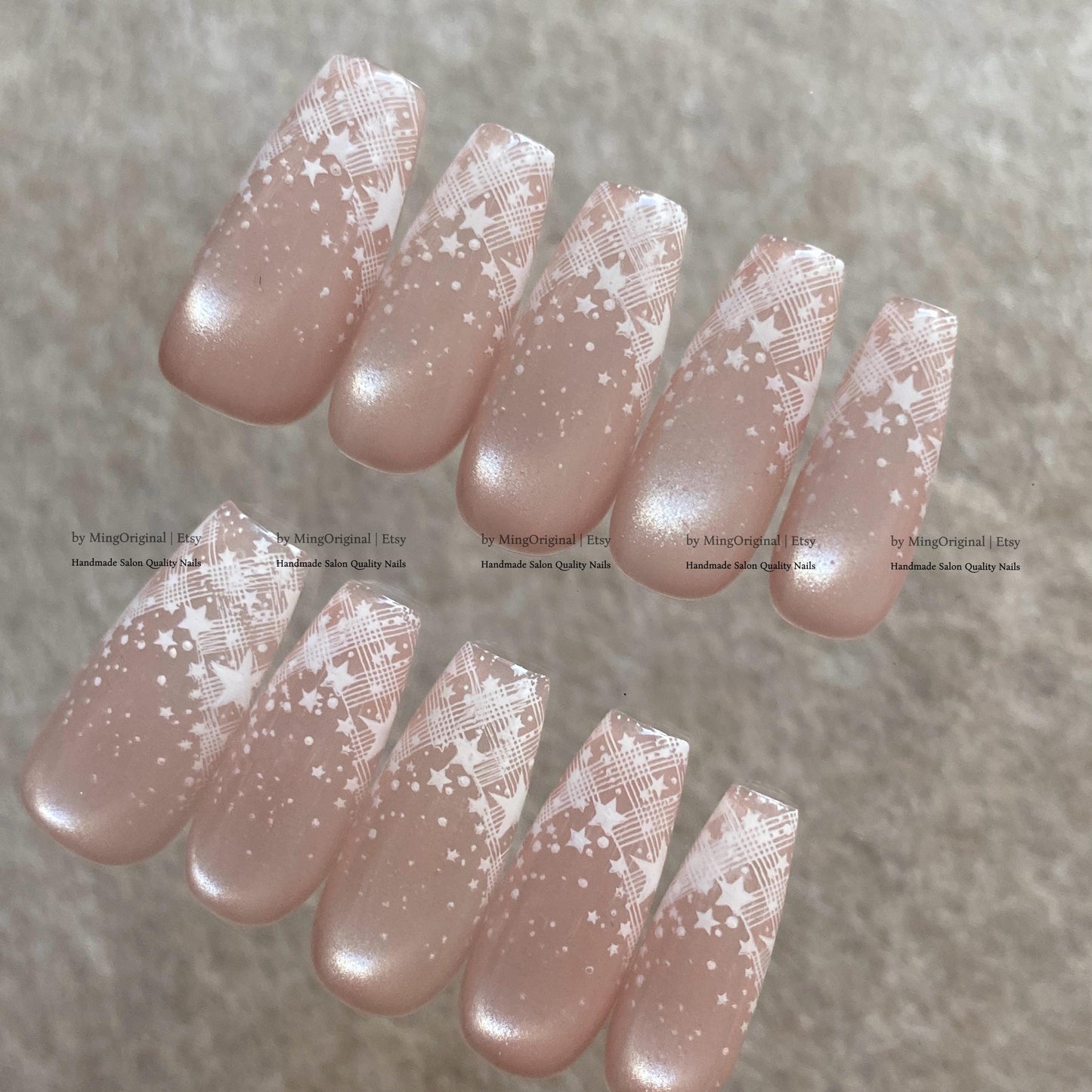Nude Pink Velvet Cat Eye Press on Nails, White Plaid Star Fake Nails, Milky Reusable Glue on Nails, MO878