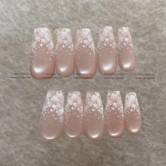 Nude Pink Velvet Cat Eye Press on Nails, White Plaid Star Fake Nails, Milky Reusable Glue on Nails, MO878