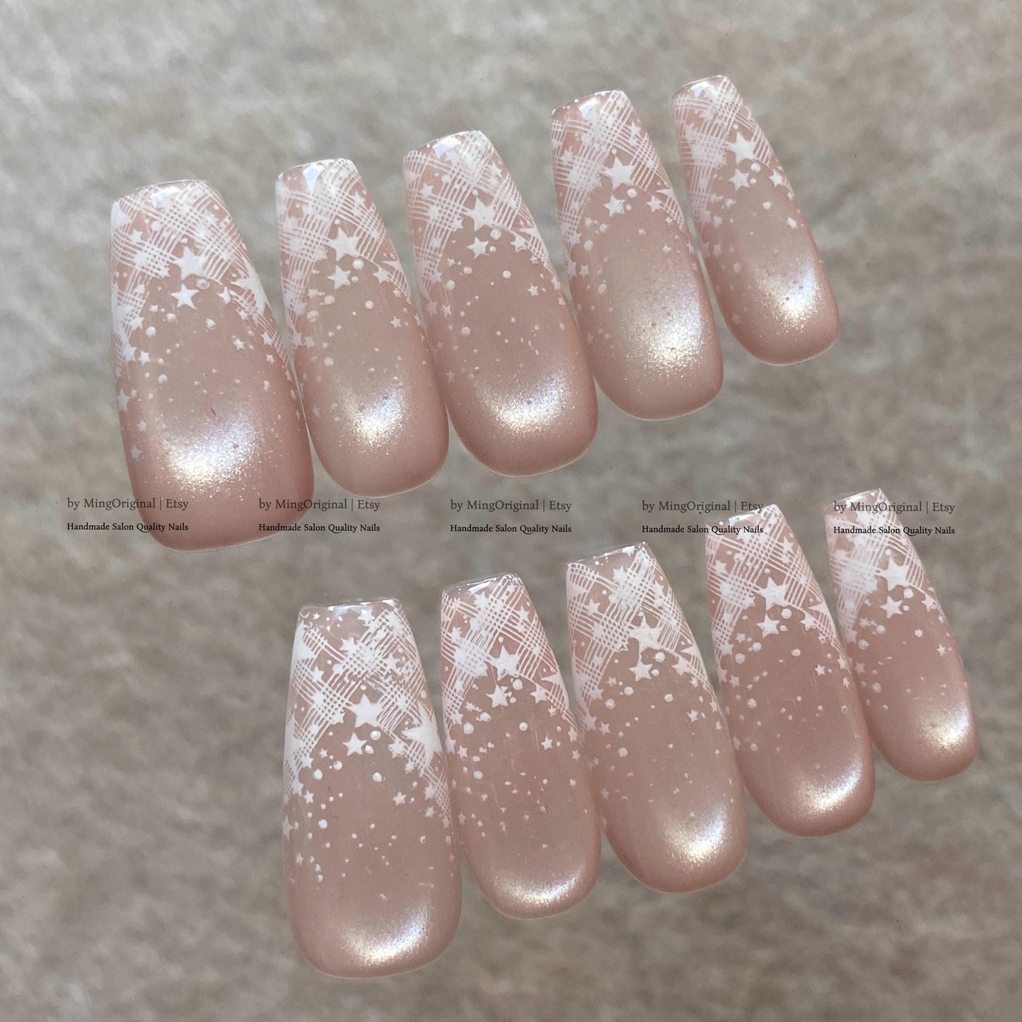 Nude Pink Velvet Cat Eye Press on Nails, White Plaid Star Fake Nails, Milky Reusable Glue on Nails, MO878
