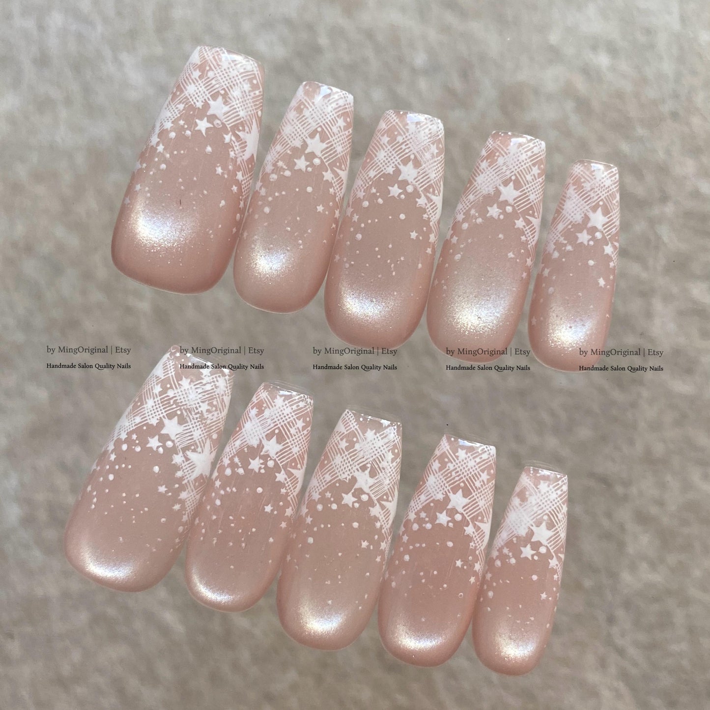 Nude Pink Velvet Cat Eye Press on Nails, White Plaid Star Fake Nails, Milky Reusable Glue on Nails, MO878