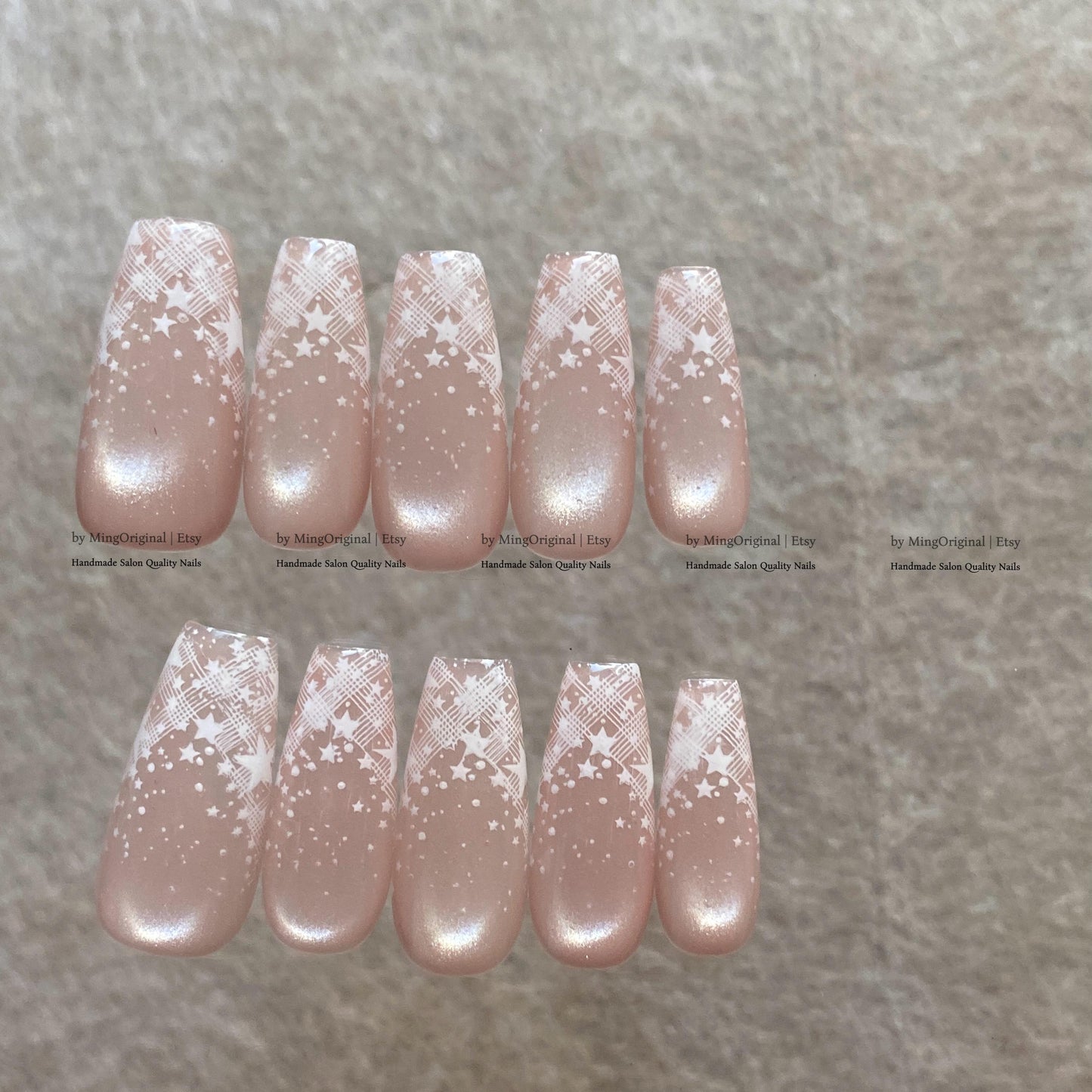 Nude Pink Velvet Cat Eye Press on Nails, White Plaid Star Fake Nails, Milky Reusable Glue on Nails, MO878