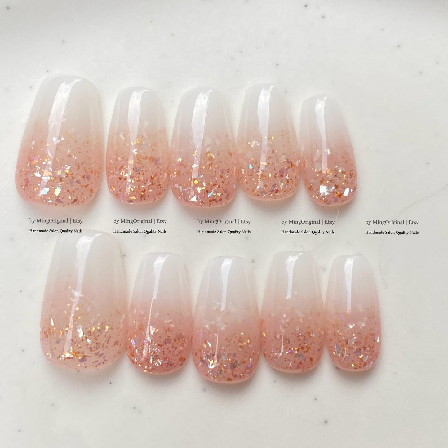 Peach Glitter Ombre, Handmade Press on Nails, Milky White Gradient Shimmer False Nails, MO879
