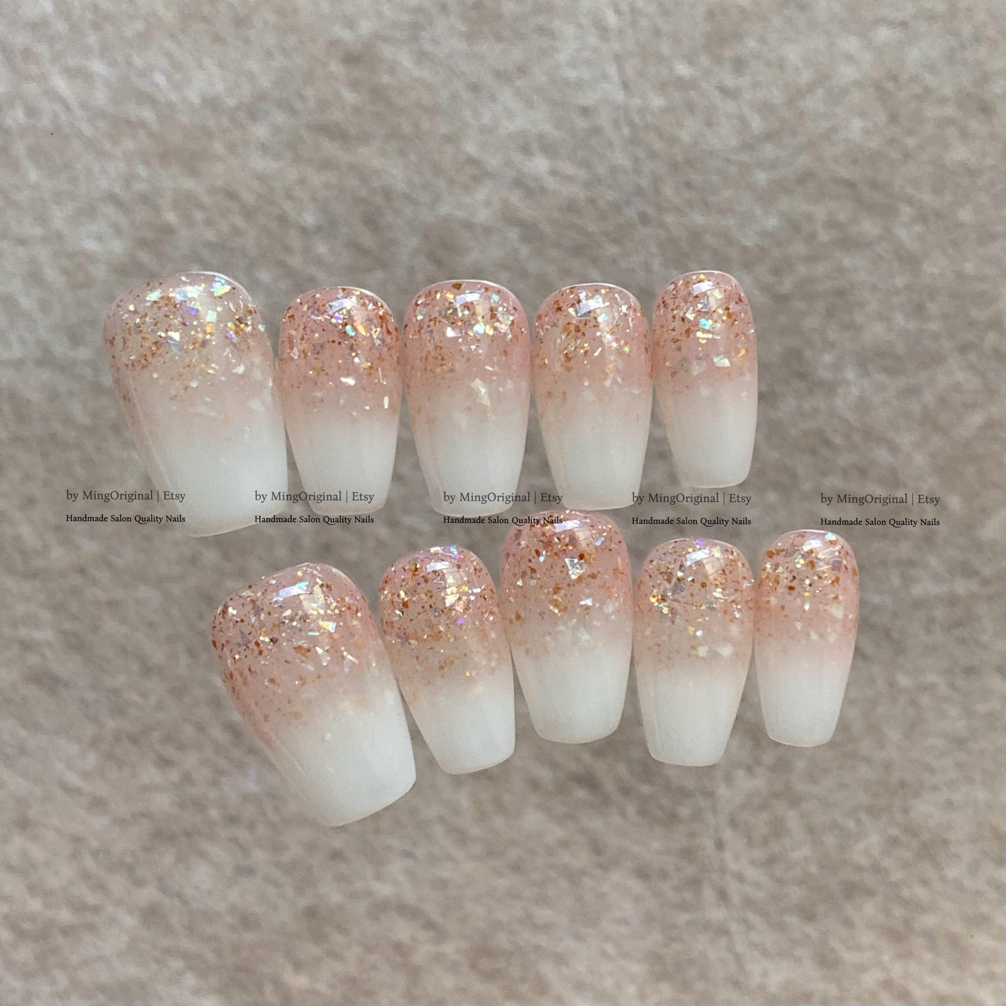 Peach Glitter Ombre, Handmade Press on Nails, Milky White Gradient Shimmer False Nails, MO879