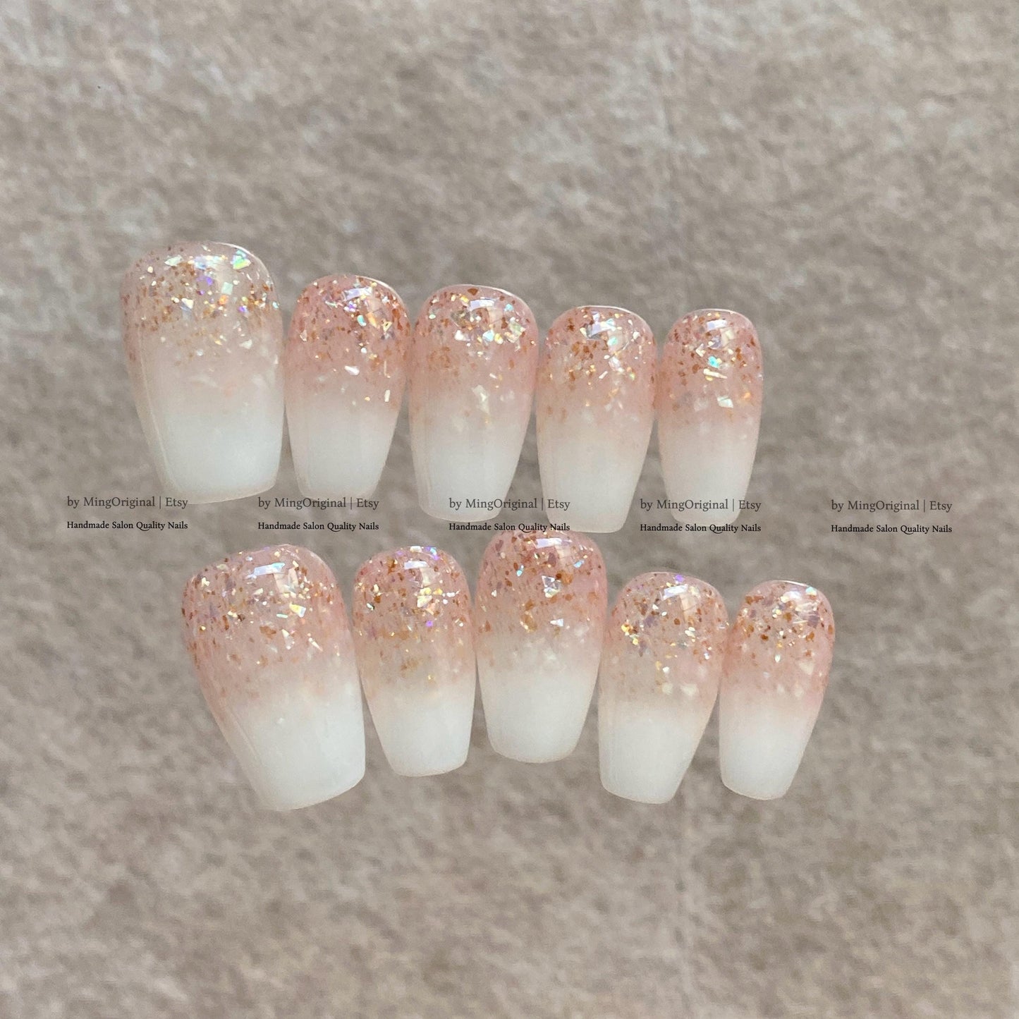 Peach Glitter Ombre, Handmade Press on Nails, Milky White Gradient Shimmer False Nails, MO879