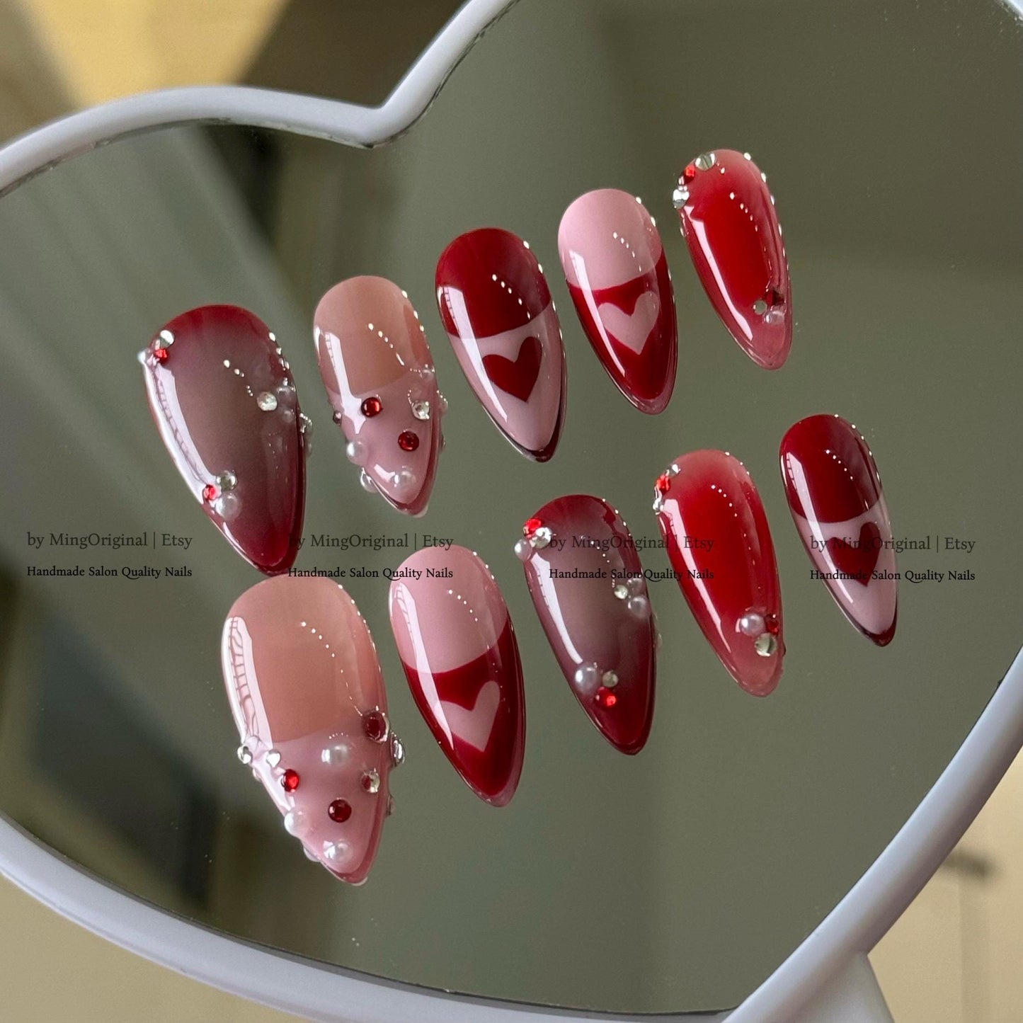 Red Heart Nails, Valentine's Day Press ons, Romantic Pink Pearl 3D Handmade Nails, MO880