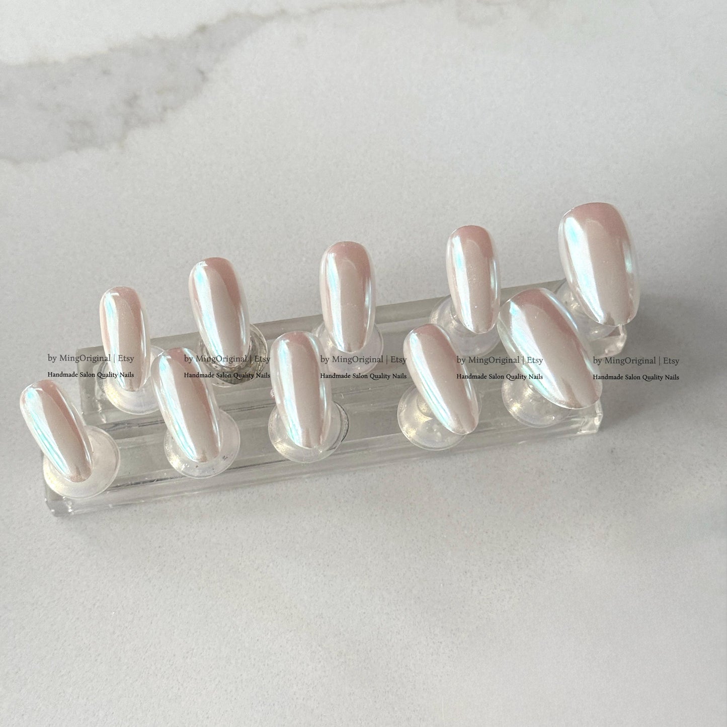 Chrome Pearl Nails, Champagne Iridescent Press on Nails, Handmade Reusable Fake Nails, Multicolor Shifting, MO881