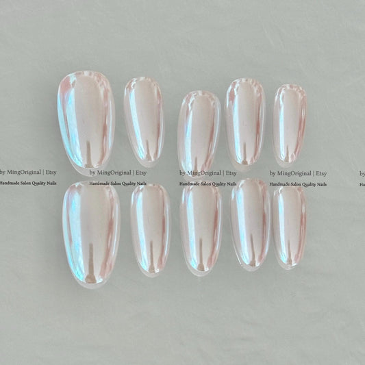Chrome Pearl Nails, Champagne Iridescent Press on Nails, Handmade Reusable Fake Nails, Multicolor Shifting, MO881