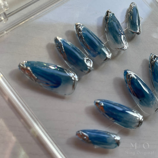 Reusable ocean blue glittery Nail press on, Fake nails, Nail Artist Faux Nails, Handmade Gel Nails, Jelly Nails