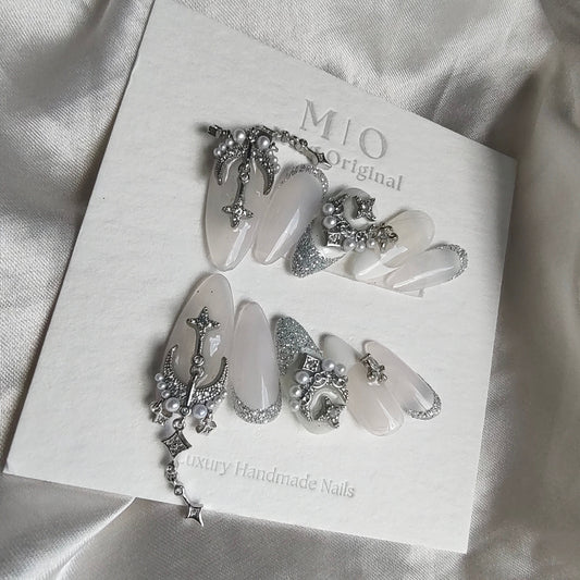 Reusable silver anchor glitter pearl decal art nails, false nail, press on nail, glue on nail, reuse nail, handmade acrylic jelly nail