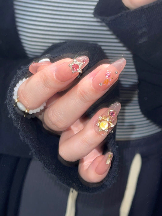 Reusable Sailor moon press on nail, Premium Hand paint Nails, Fake nails, Nail Artist Faux Nails, Handmade Gel Nails, pink rhinestone nail