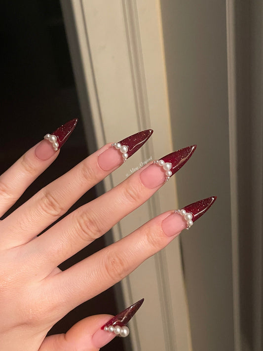 Santa Hat Pearl Red Tip Acrylic & press on nails, glue on Diamond Reflective nails, reuse nails, jelly fake nail, glitter shine gel nail