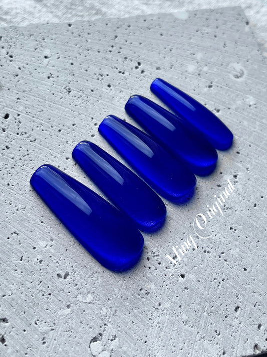 Mystery Blue Acrylic & press on nails, glue on cat eye nails, reuse nails, jelly fake nail, glitter shine gel nail