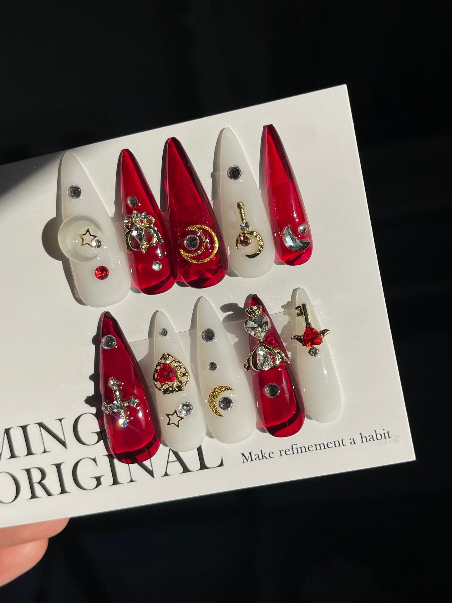 Red milky Sailor moon press on nail, Premium Hand paint Nails, Fake nails, Handmade Gel Nails, Red rhinestone nail, milky white nail