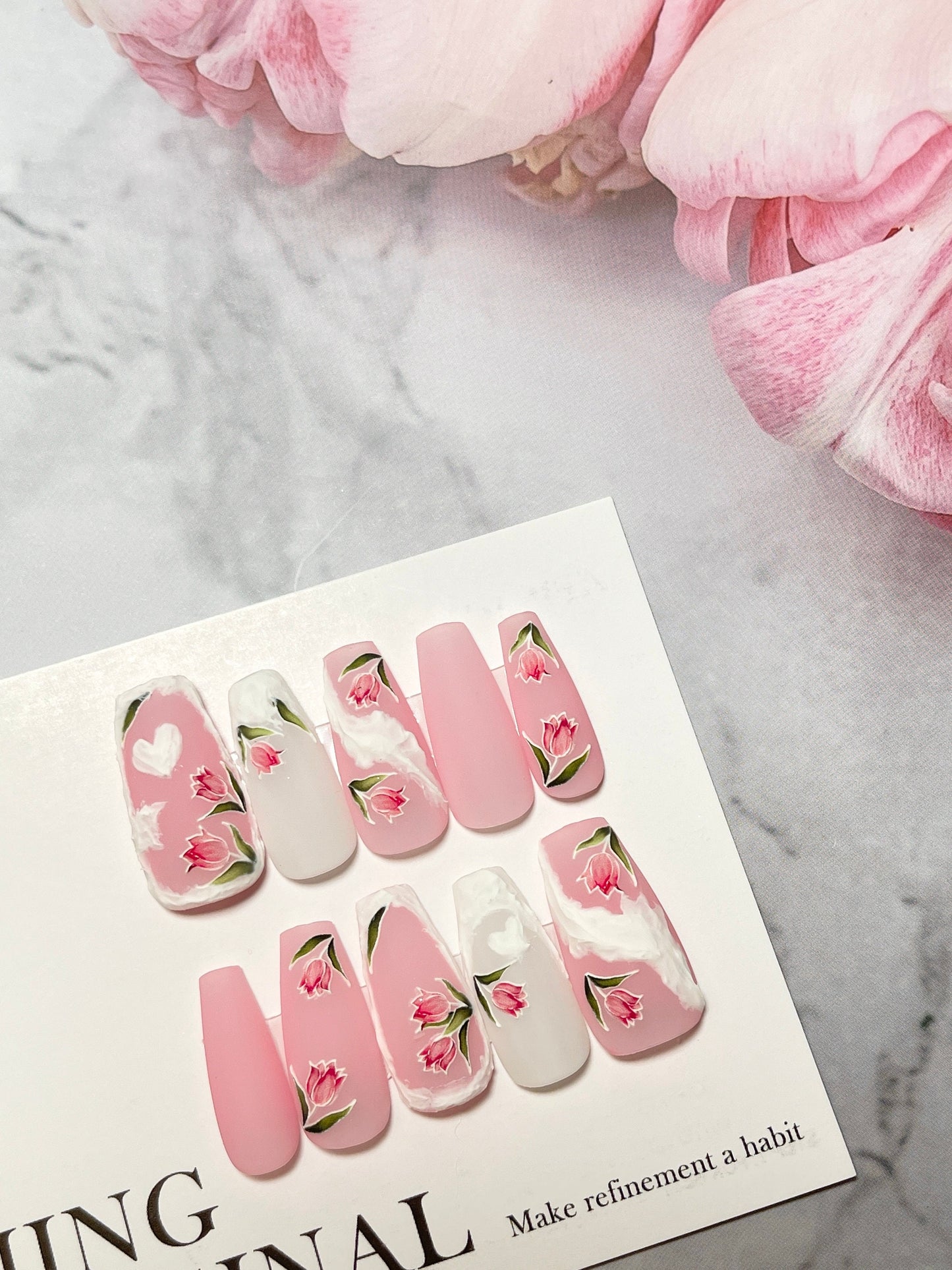 Pastel Pink Tulip Flower 3D Sculpted Pastel Acrylic Press on Nails, Fake nails, Nail Artist Faux Gel Nails, Matte Jelly Nail