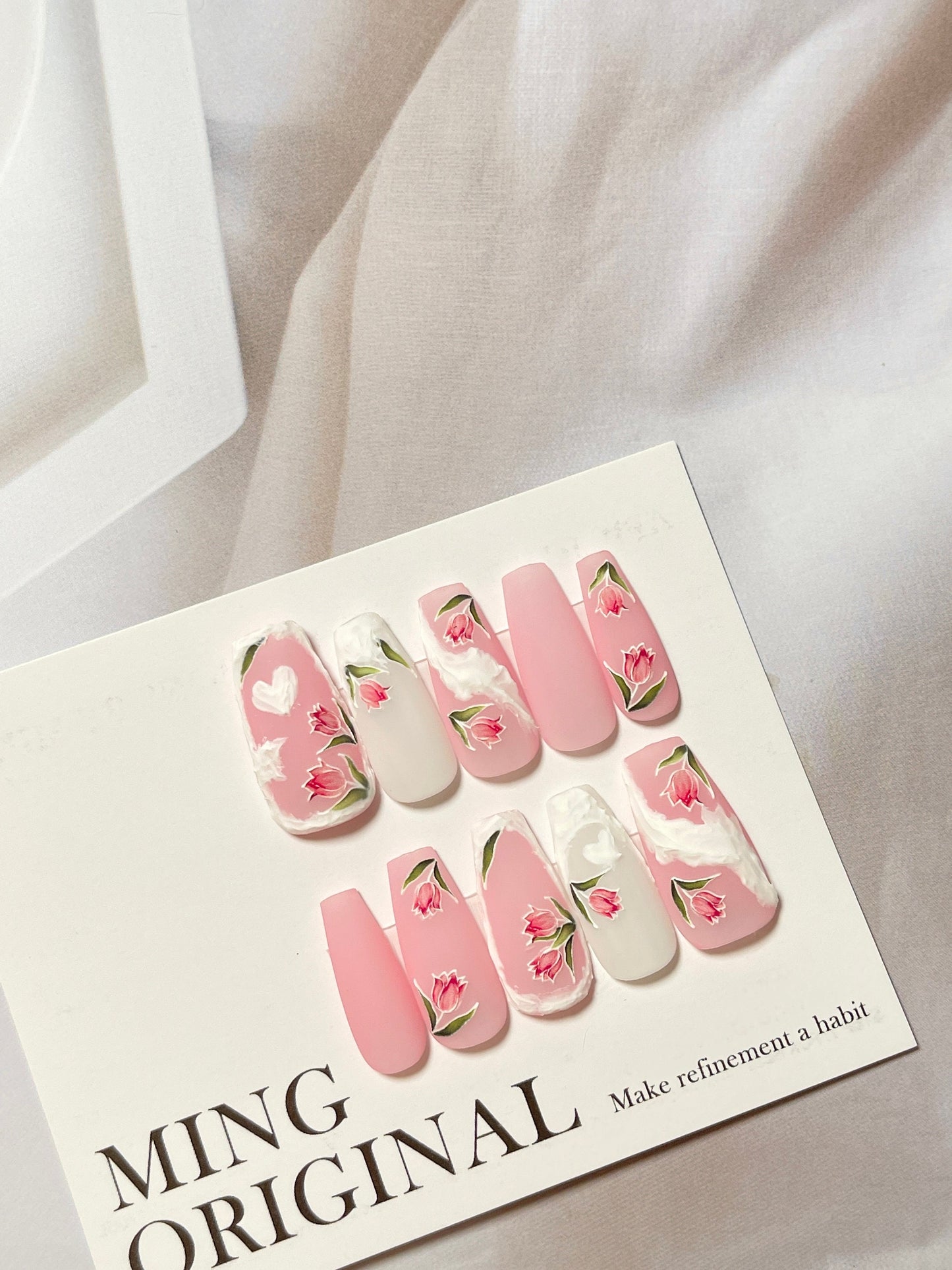 Pastel Pink Tulip Flower 3D Sculpted Pastel Acrylic Press on Nails, Fake nails, Nail Artist Faux Gel Nails, Matte Jelly Nail