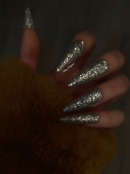 Silver Sugar Glitter Acrylic & Press on Nails, Sparkly nails for party, reusable nail