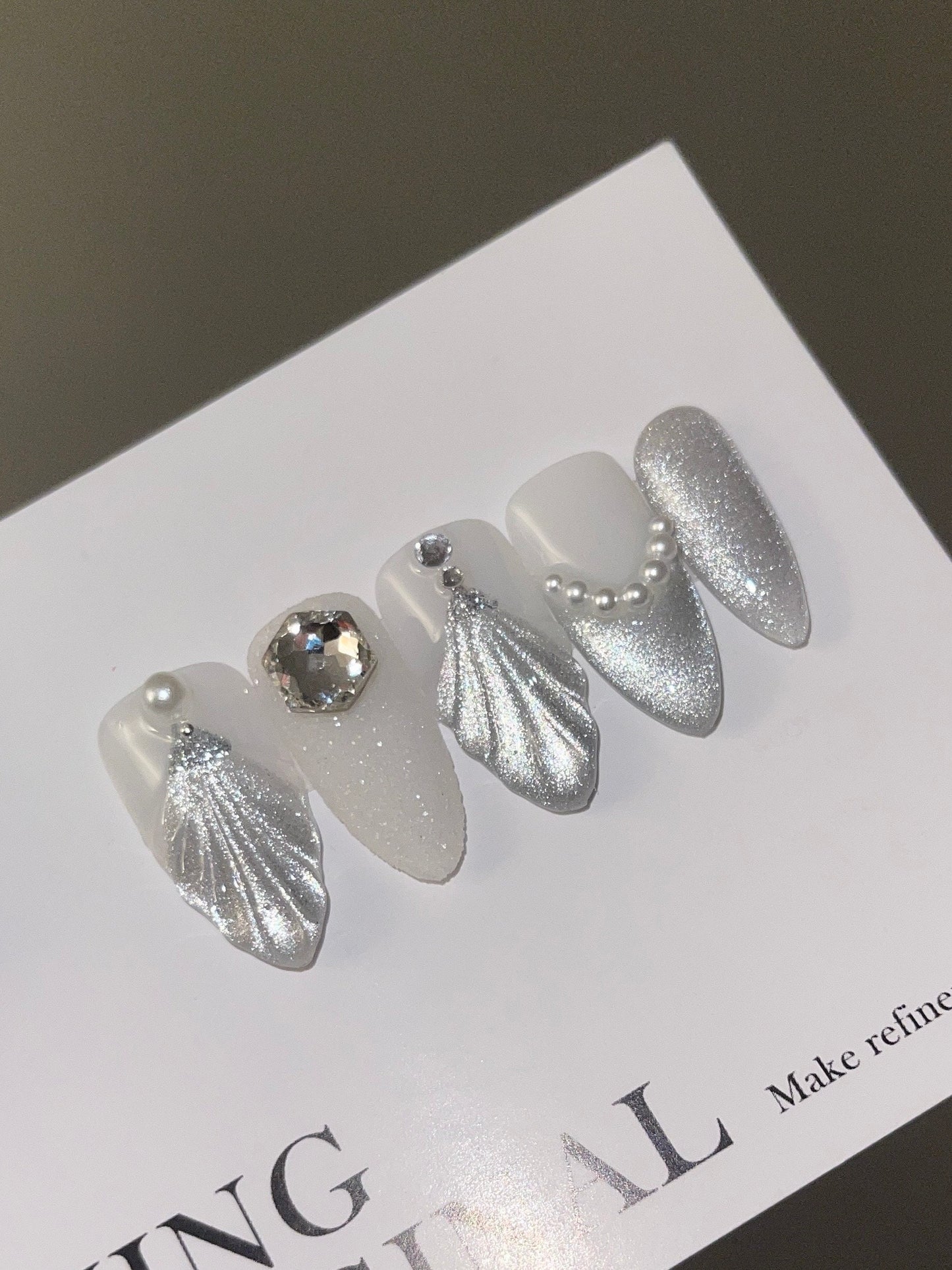 3D Mermaid nail Classic Cat Eye Acrylic & press on nails, Seashell with pearl reusable nail, jelly fake nail, sparkle crystal jewel nail