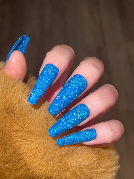 Blue holographic Sugar Glitter acrylics and Press on Nails, Rainbow glitter nail, Sparkly nails for party