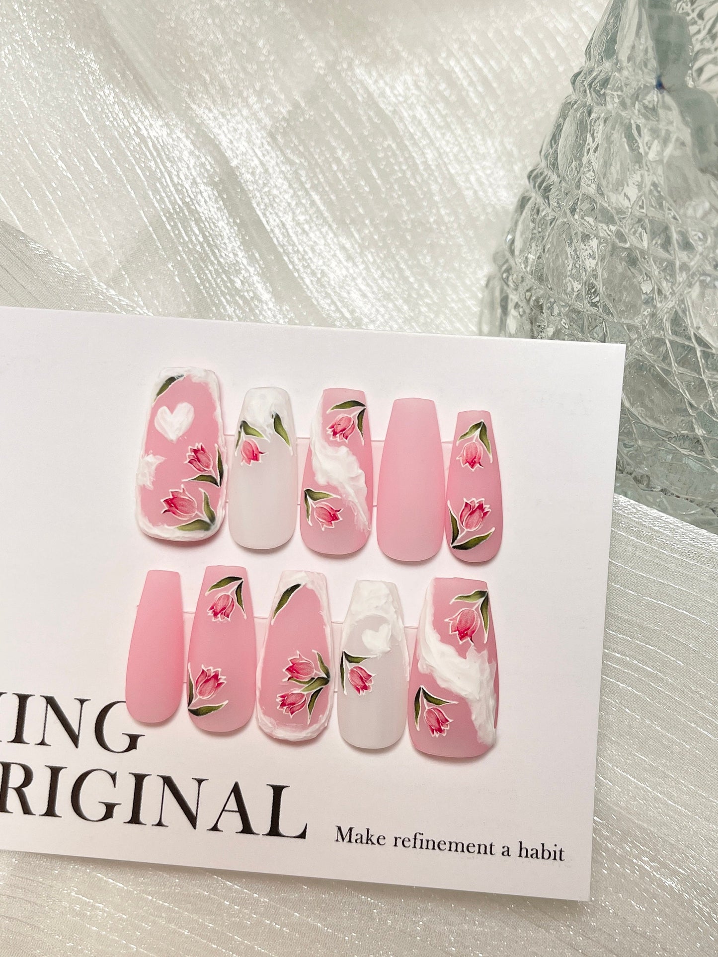 Pastel Pink Tulip Flower 3D Sculpted Pastel Acrylic Press on Nails, Fake nails, Nail Artist Faux Gel Nails, Matte Jelly Nail