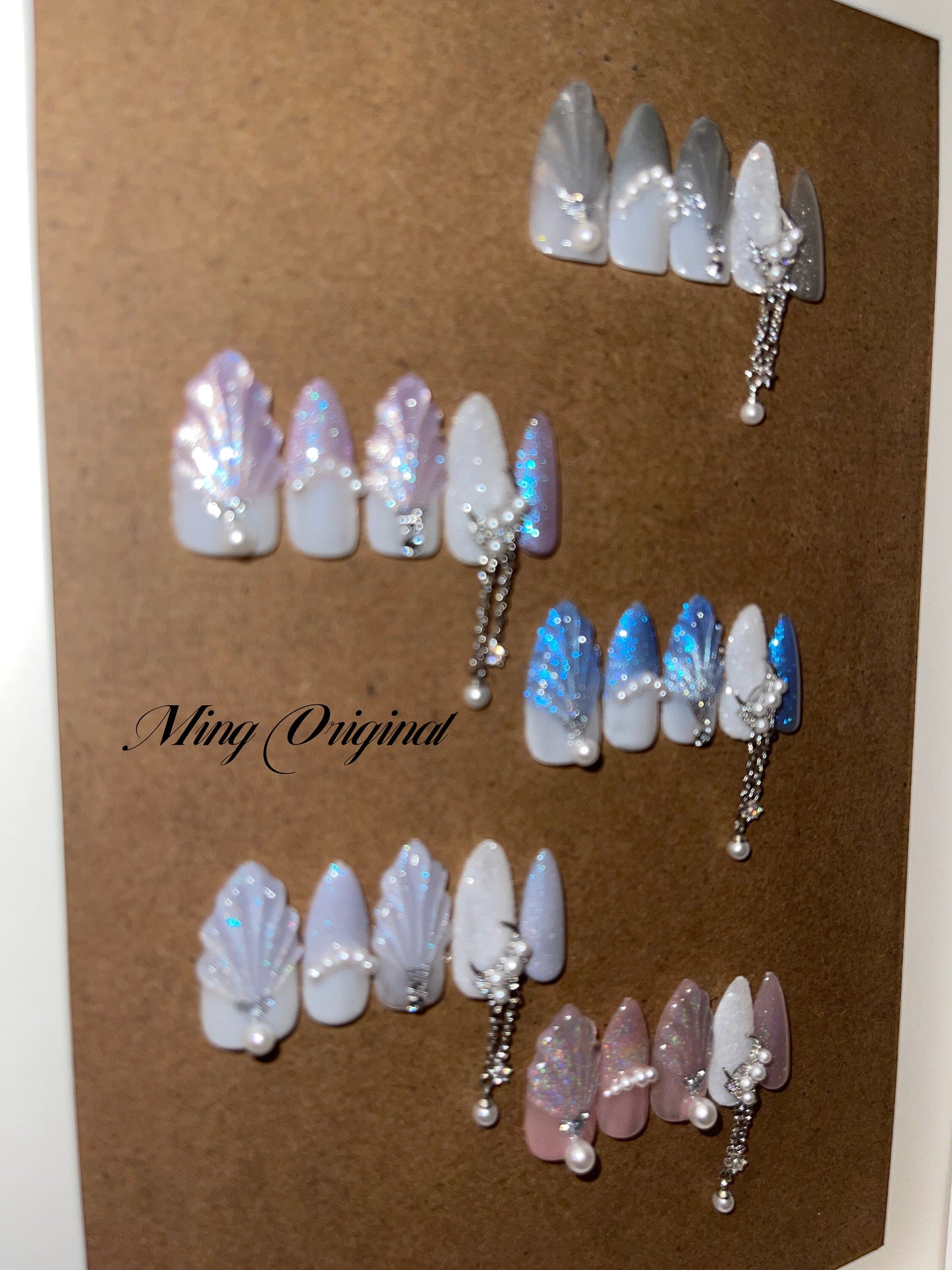 3D Pastal Seashell Mermaid Aurora Cat Eye Acrylic & press on nails, pearl charm reusable nail, jelly fake nail, sparkle crystal jewel nail