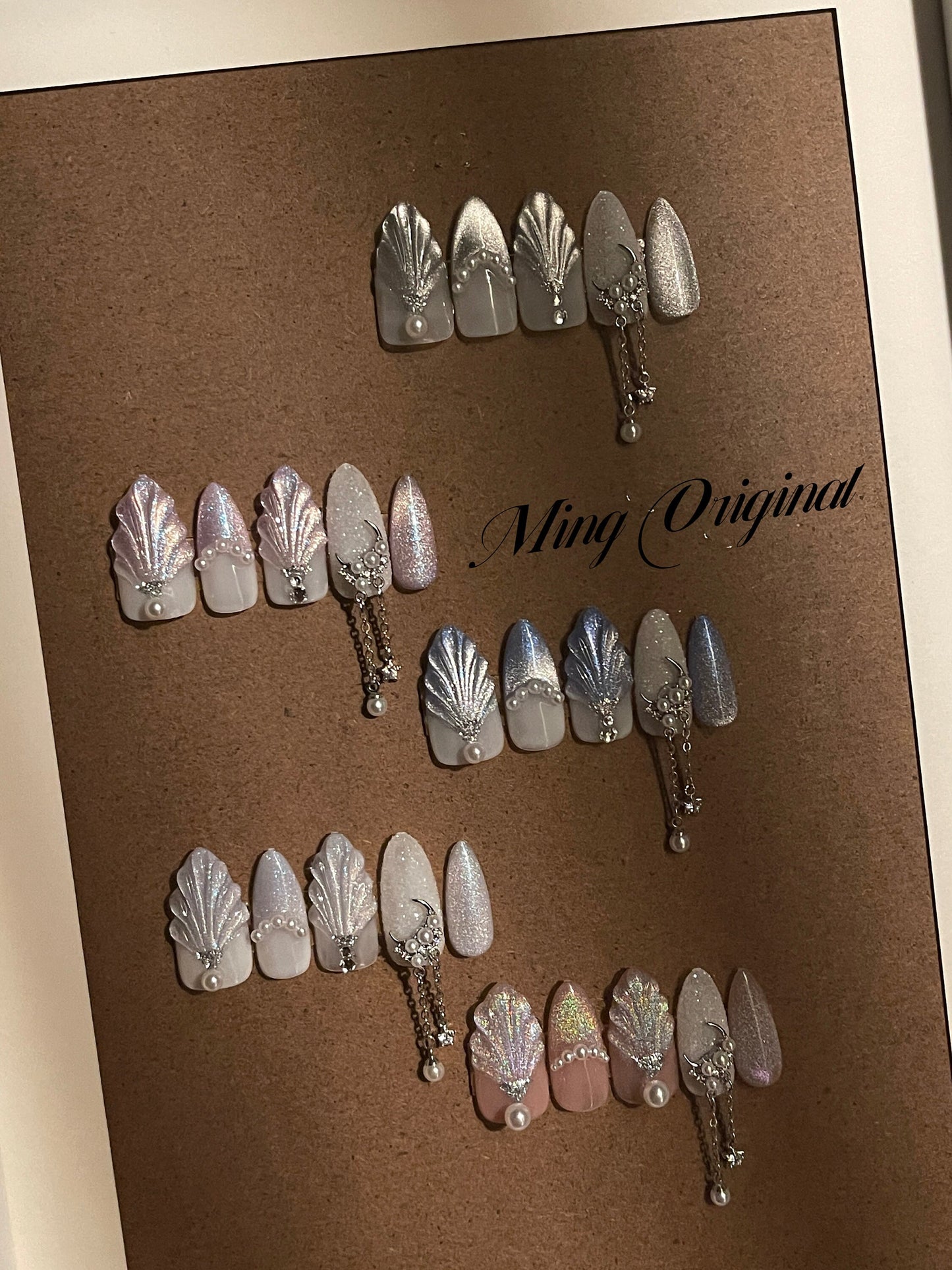 3D Pastal Seashell Mermaid Aurora Cat Eye Acrylic & press on nails, pearl charm reusable nail, jelly fake nail, sparkle crystal jewel nail