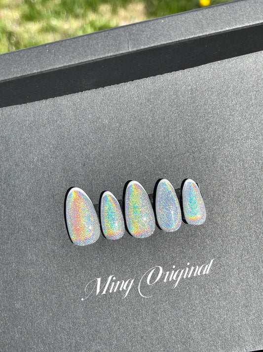 Rainbow French Holographic press on nail, Magnetic Cotton Candy Acrylic & press on nails, reuse nails, jelly fake nail,