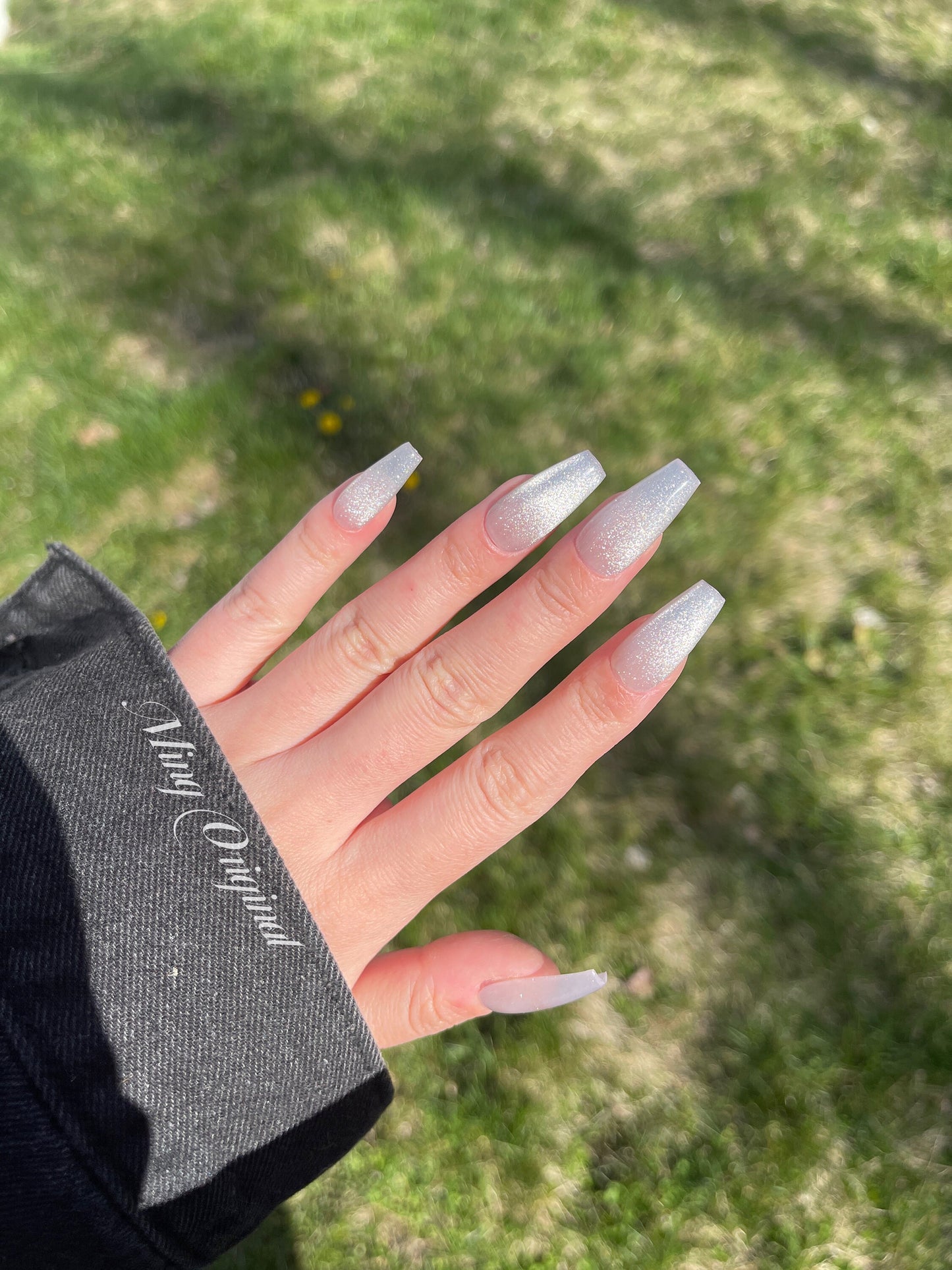Classic Silver crystal ombre cat eye acrylic and Press on Nails, French Tip, Gradient Jelly Nails, valentine anniversary gift