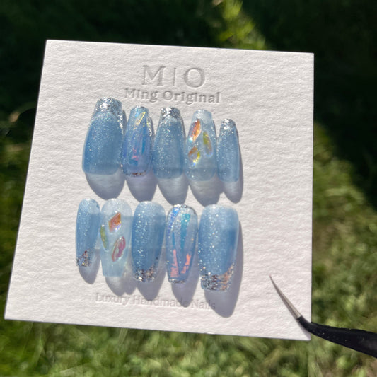 Reusable glitter ocean blue French nail press on nails, Premium Hand paint Nails, Fake nails, Nail Artist Faux Nails, Handmade jelly nail