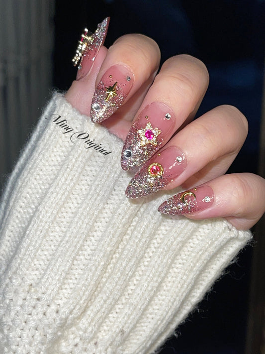 Sailor moon pink ombre glitter press on nail, pink gemstone with gold charm Fake nails, star and moon shape nail, Rhinestone andmade Gel Nai