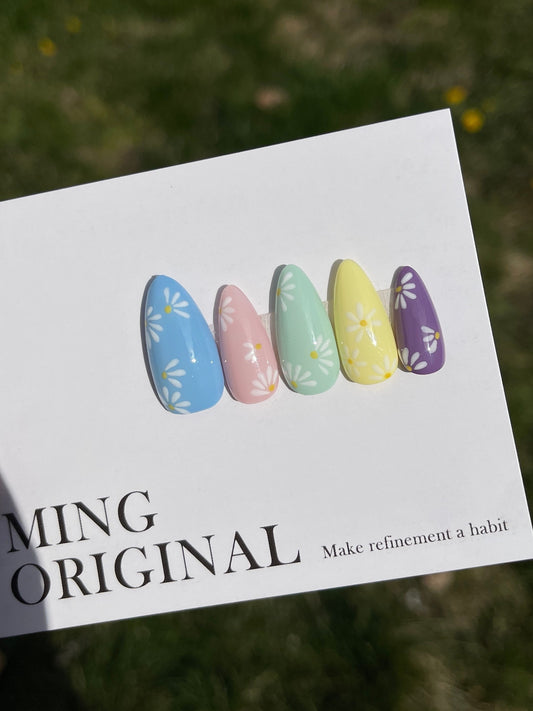 Spring macaroons daisy| pastel flower | Multi Colored Press on Nails, Floral nails, Handmade gel art Nails. Blue|Pink|Green|Yellow|Purple