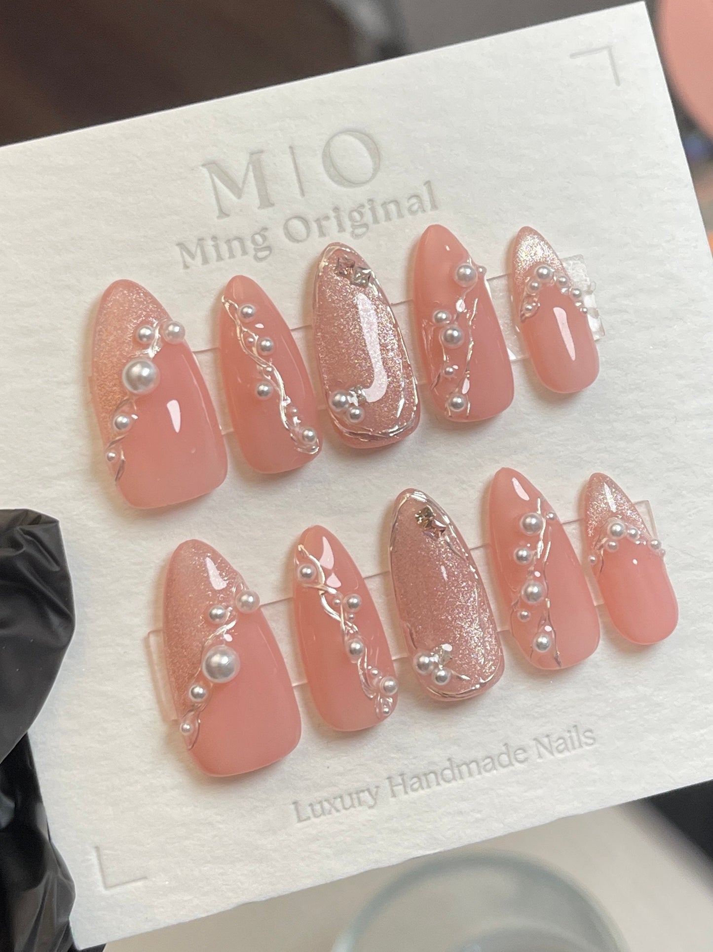 Pastel pink cat eye with pearl Acrylic & Press on Nails, Chrome Fake Nails, Handmade Gel Nails, Jelly Nails, jewel nail, baroque style nail