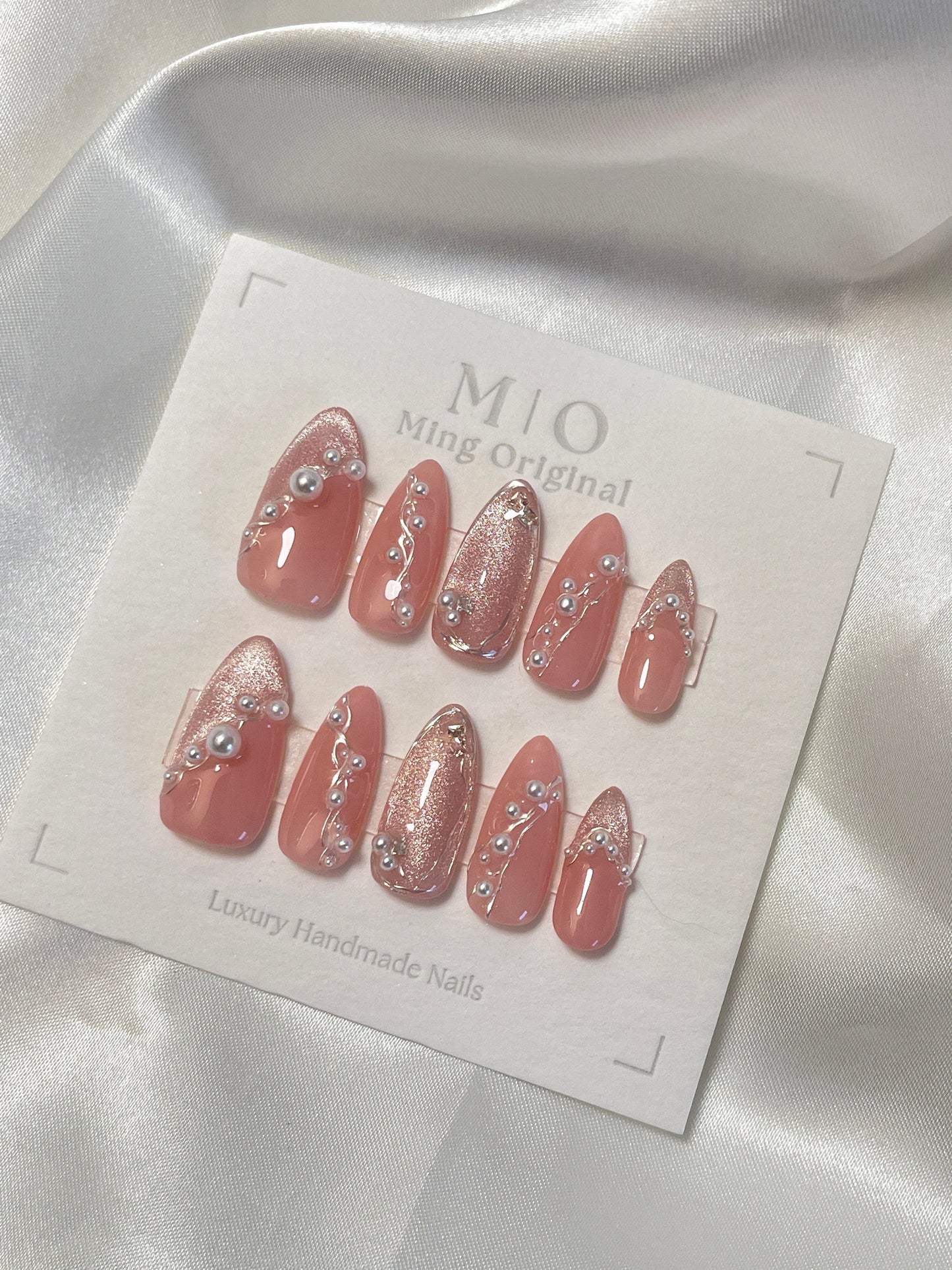 Pastel pink cat eye with pearl Acrylic & Press on Nails, Chrome Fake Nails, Handmade Gel Nails, Jelly Nails, jewel nail, baroque style nail