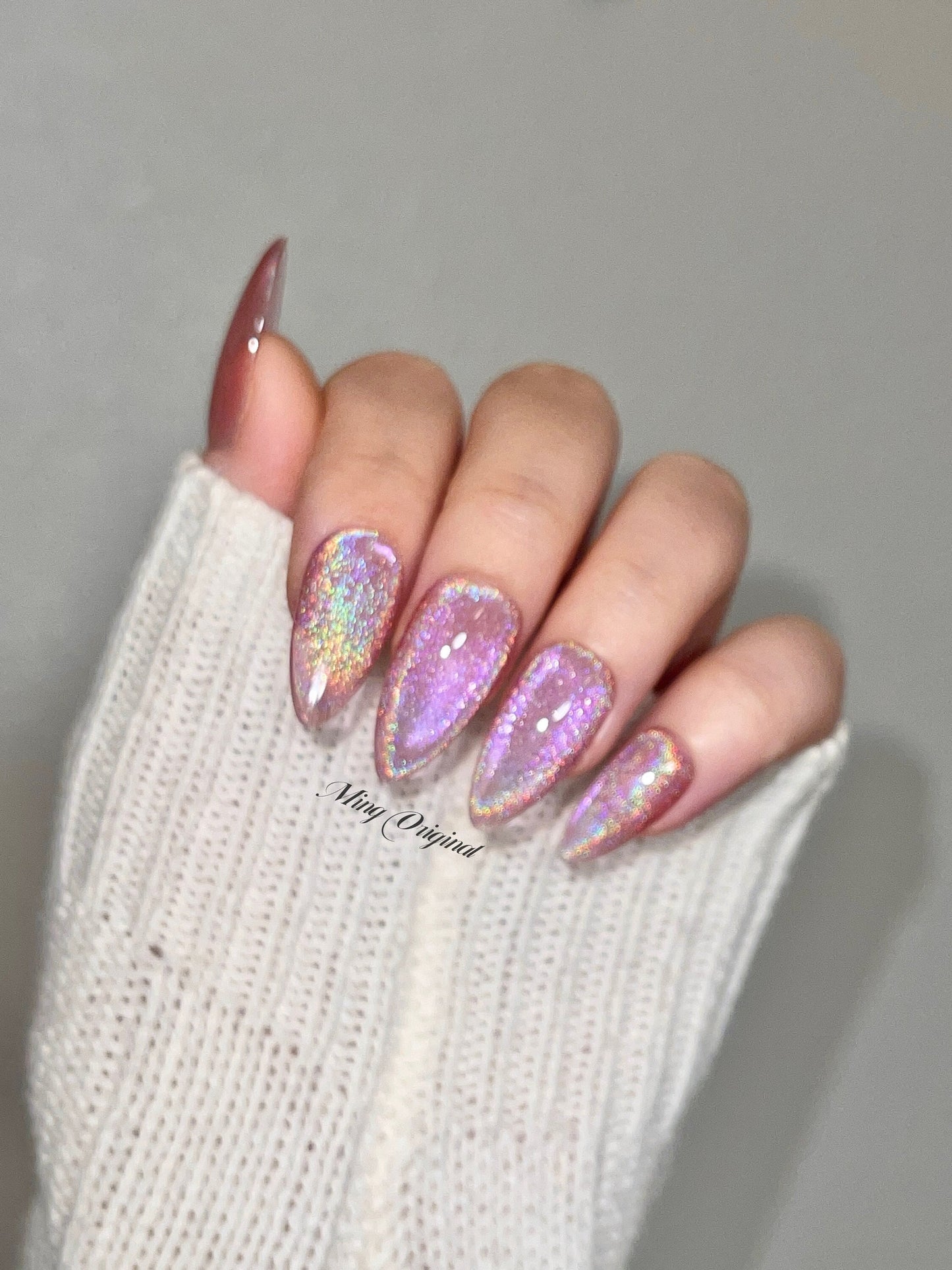 Pink Rainbow Cat Eye Holographic Magnetic Cotton Candy, Translucent press on nails, reuse nails, jelly fake nail, sparkly shimmer nail