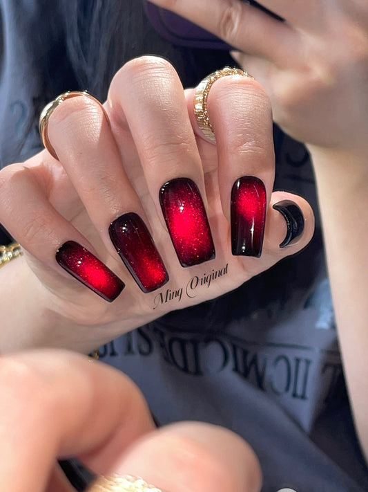 Da Vampire| red cat eye press on nails, black nails, reuse nails, jelly fake nail, glitter shine gel nail