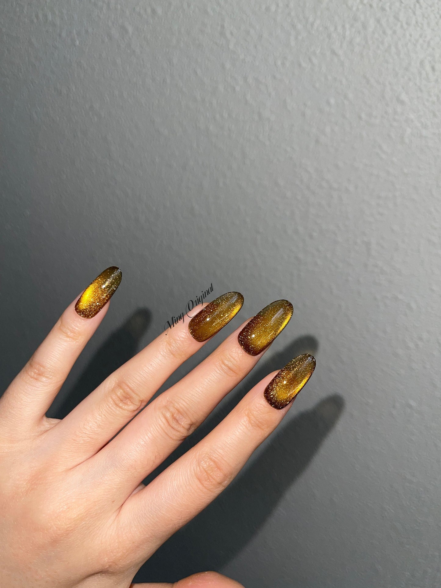 Da Amber| glass beads inspired magnetic cat eye press on nails, yellow/golden nails, semitransparent reuse nails, glitter fake nail