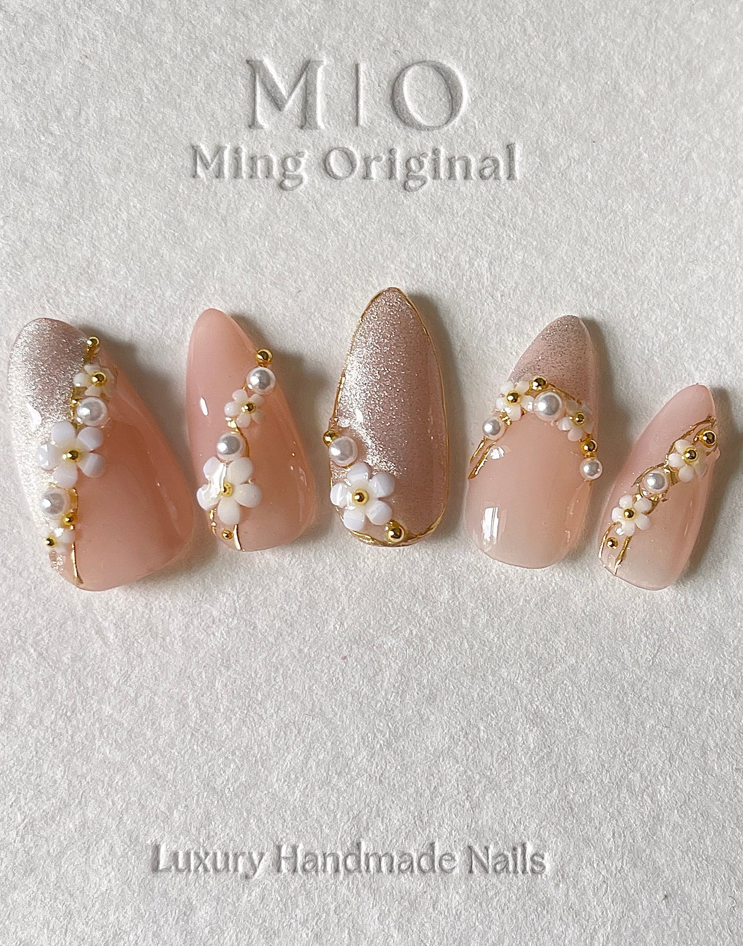 Pastel white flower pink cat eye with pearl Press on Nails, Chrome Fake Nails, Gel Nails, Jelly Nails, jewel nail