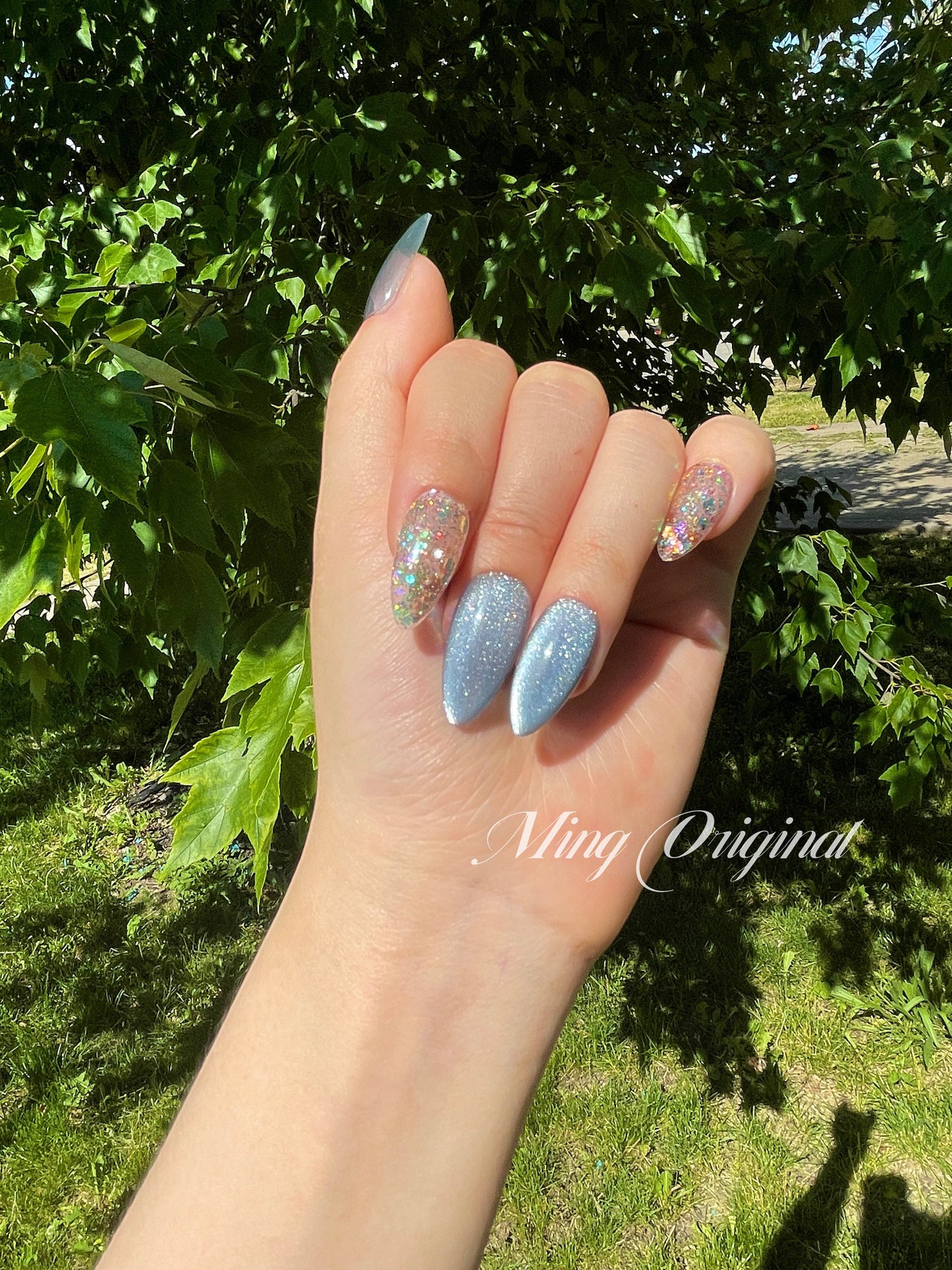 Blue cat eye with glittery shimmering press on nails, glue on nails, reuse nails, jelly fake nail, bling bling gel nail