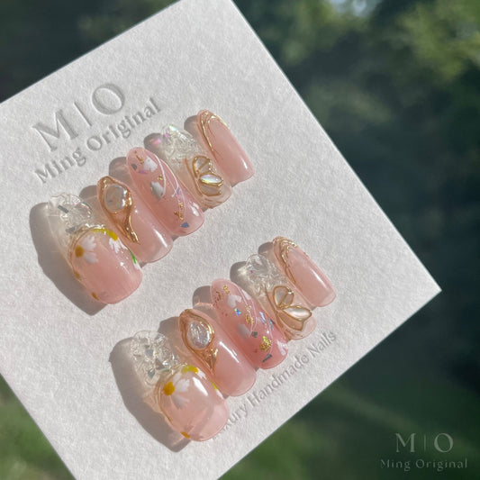Pink Wild Daisy flower press on art nail,Glass Crystal holographic french tip with baroque pearl shell butterfly, luxury Handmade jelly nail