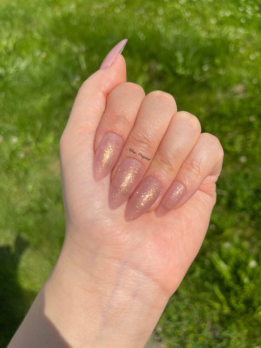 Sunrise springkle pastel soft pink with gold shimmer press on nails, glue on nails, reuse nails, jelly fake nail, glitter shine gel nail