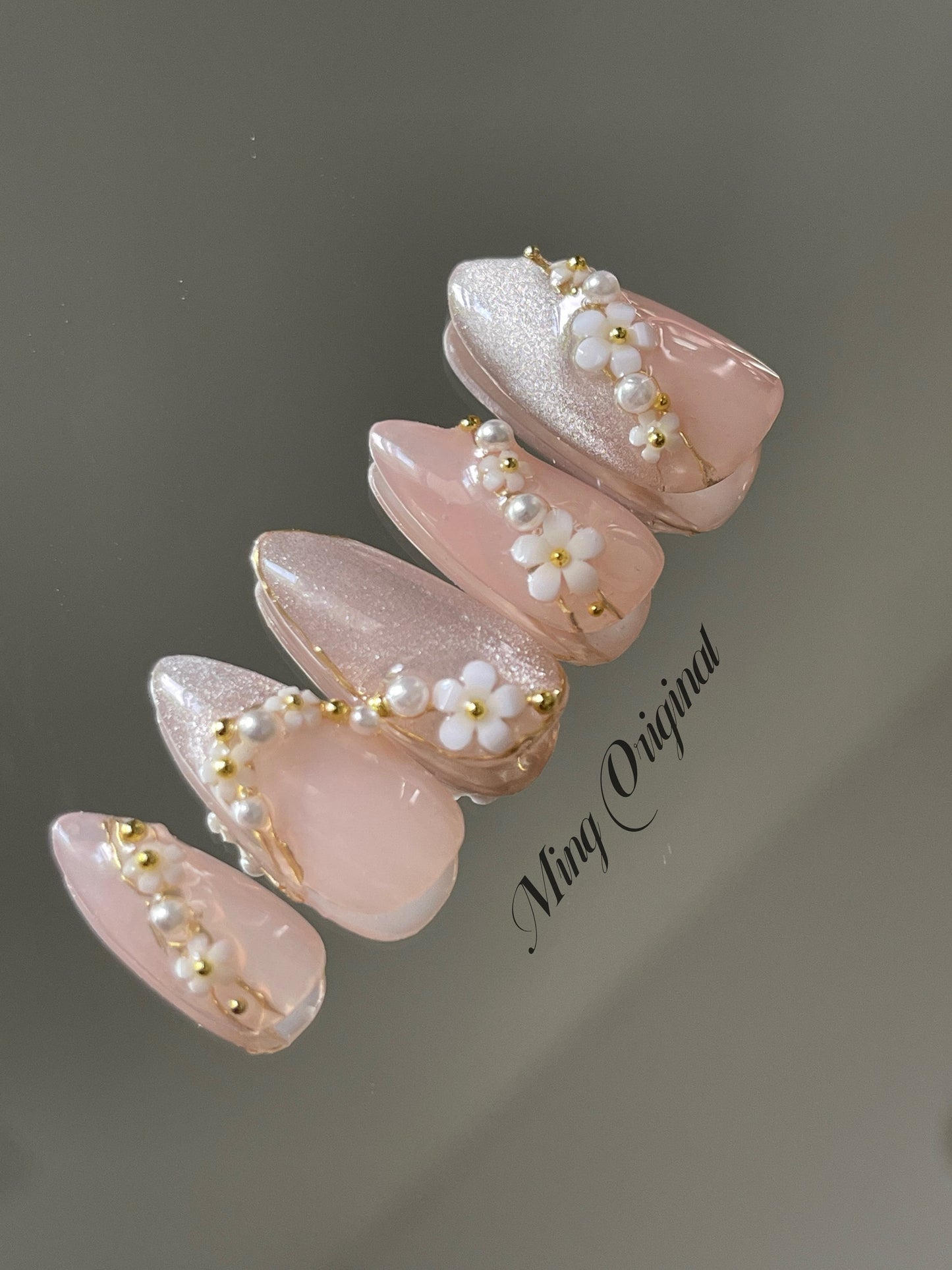 Pastel white flower pink cat eye with pearl Press on Nails, Chrome Fake Nails, Gel Nails, Jelly Nails, jewel nail